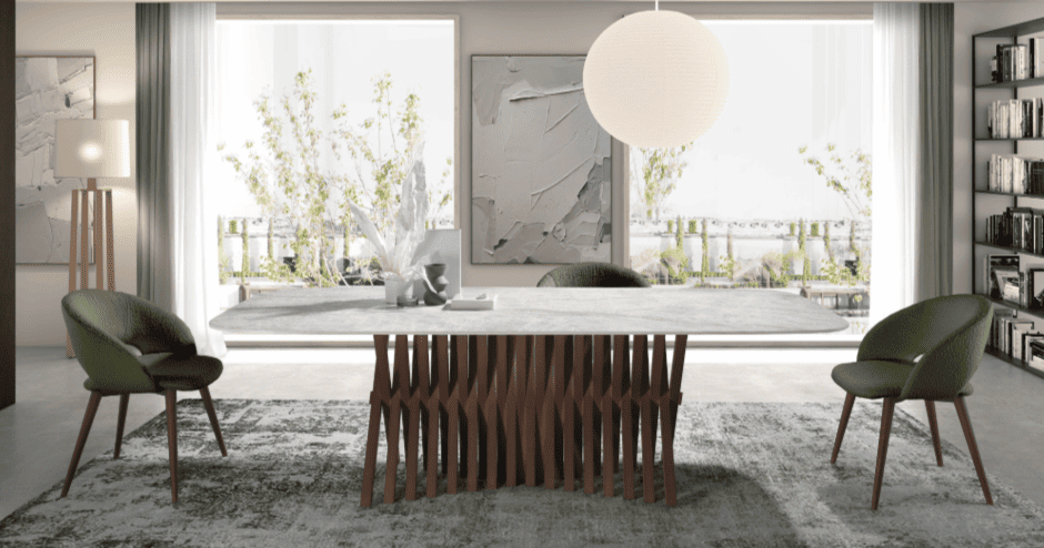 Mesa de diseño con sillas verdes - disponible en Mobles Álvarez en Terrasa