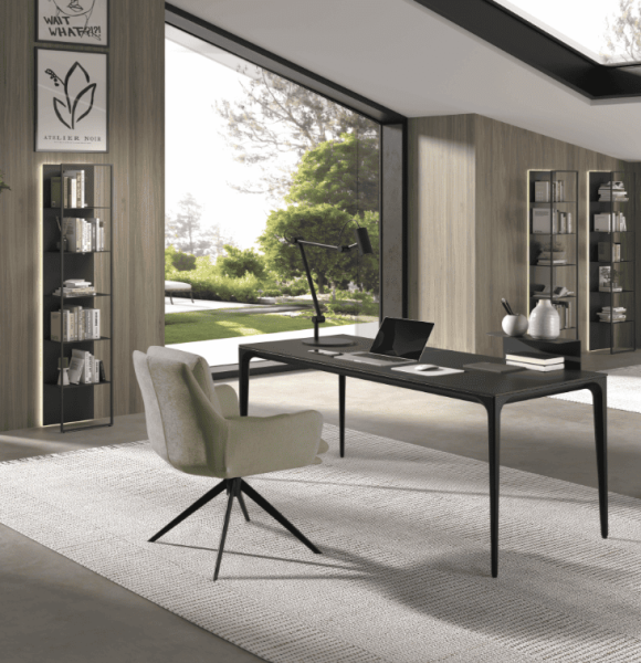 Vista a detalle de escritorio de madera tonos oscuros - disponible en Mobles Álvarez en Terrasa