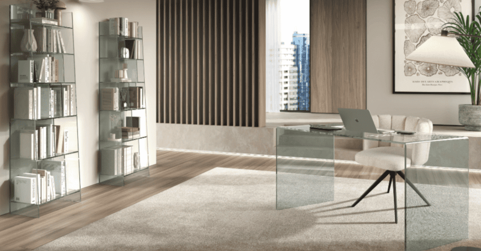 Vista completa de mesa escritorio de cristal - disponible en Mobles Álvarez en Terrasa