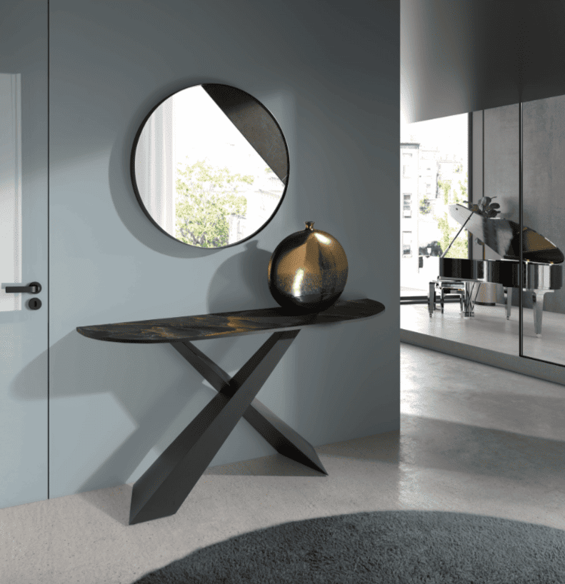 Vista completa de recibidor de madera sin cajones y con espejo redondo en tonos oscuros - disponible en Mobles Álvarez en Terrasa
