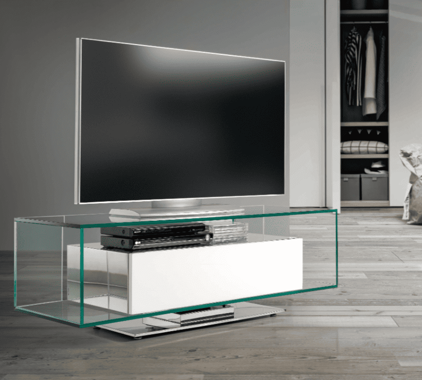 Vista frontal del mueble para la televisión de cristal - disponible en Mobles Álvarez en Terrasa